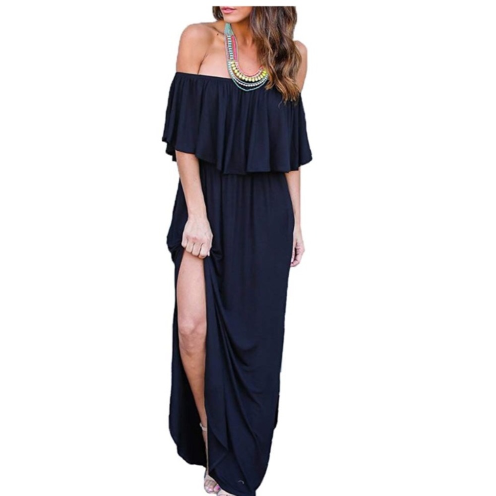 Off the shoulder Ruffle Maxi Dress with side slit.
